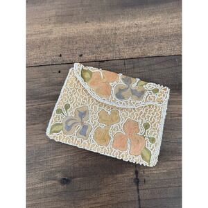 Vintage Beaded Clutch Floral Handmade Belgium Cottagecore Bridal Purse Neutral